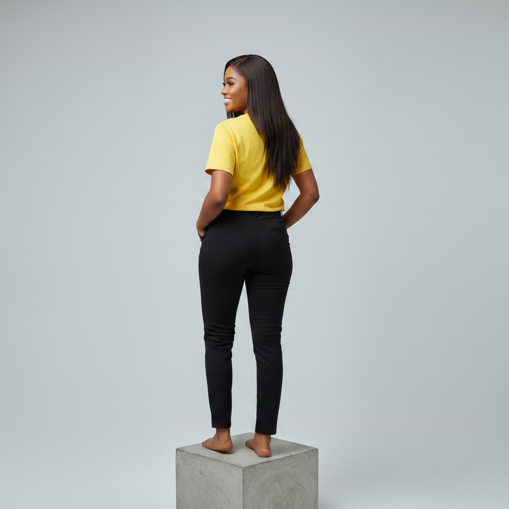 Nigerian female model back view wearing plain yellow T-shirt with black trousers - consistent model