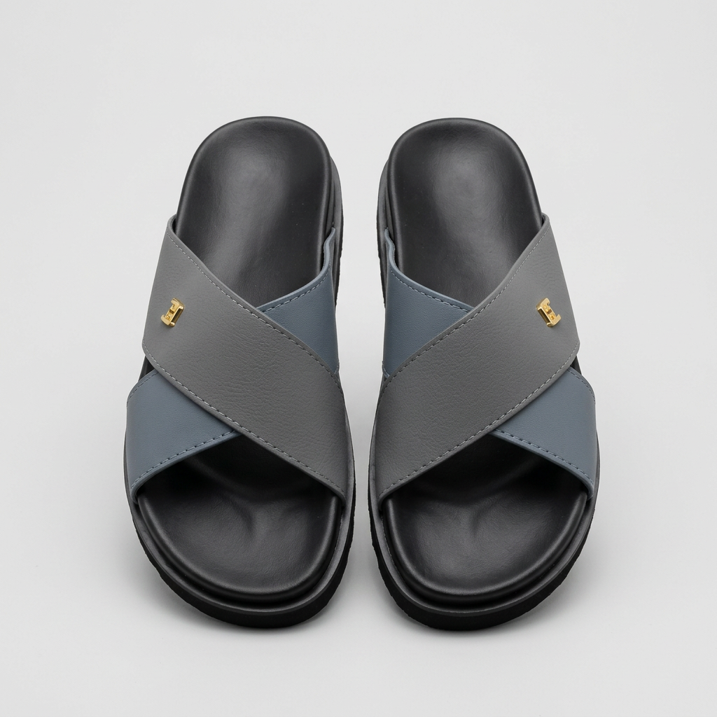 Men's grey cross-strap slide slippers with gold detail, front view
