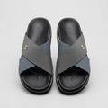 Men's grey cross-strap slide slippers with gold detail, front view