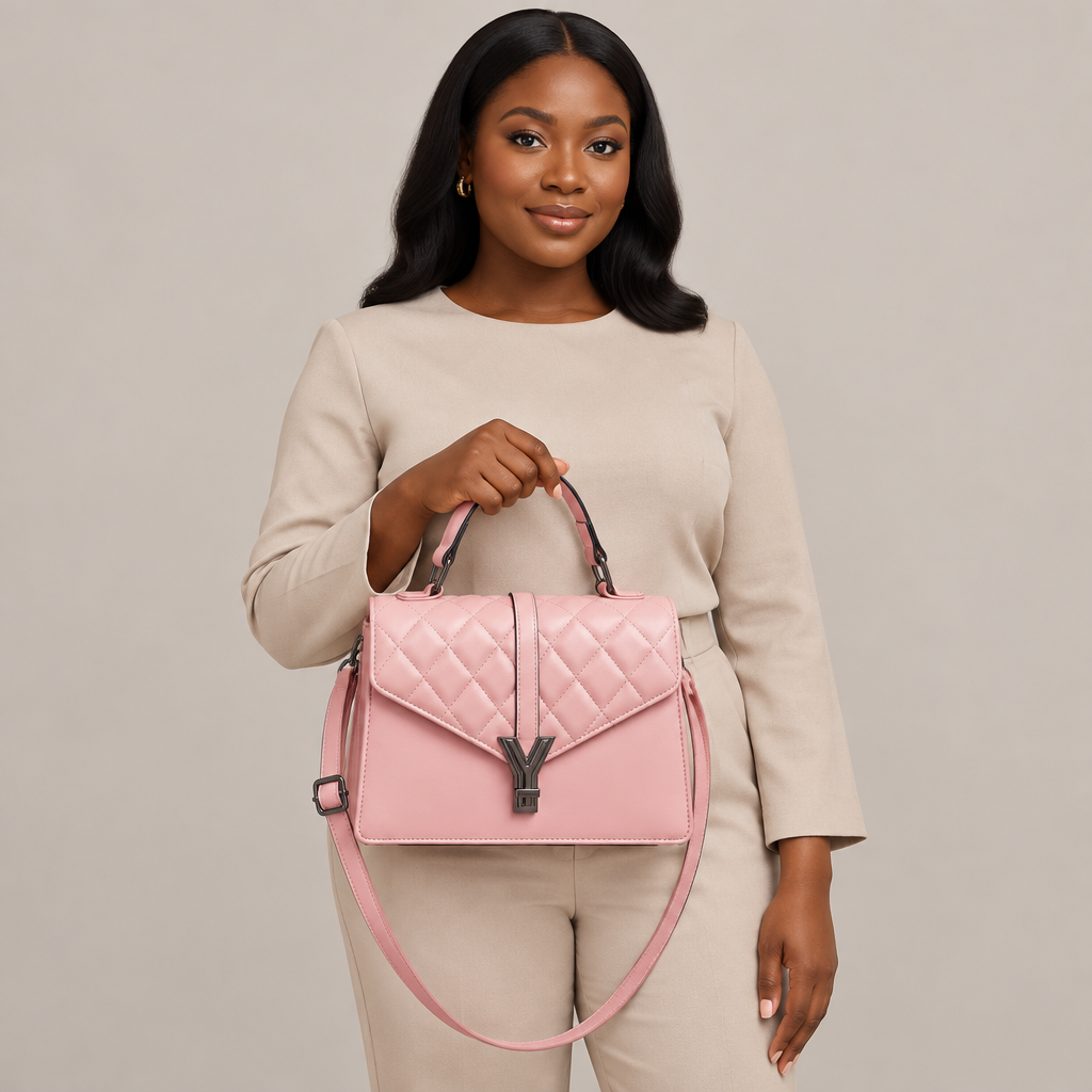 Adult woman holding a blush pink quilted handbag