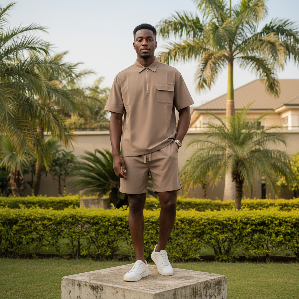 Nigerian male model wearing warm taupe quarter-zip polo and drawstring shorts co-ord set