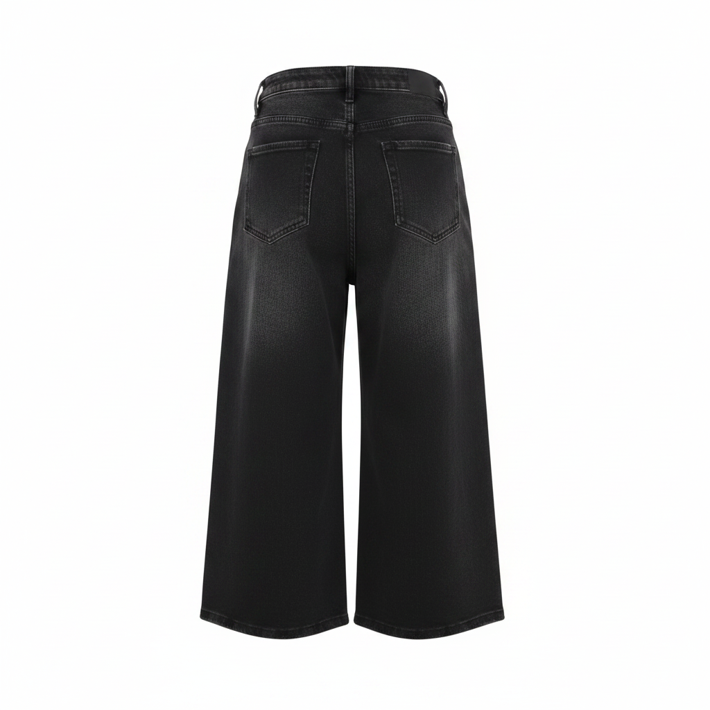 Black Distressed Wide-Leg 3/4 Denim Trousers - Ghost Mannequin Back