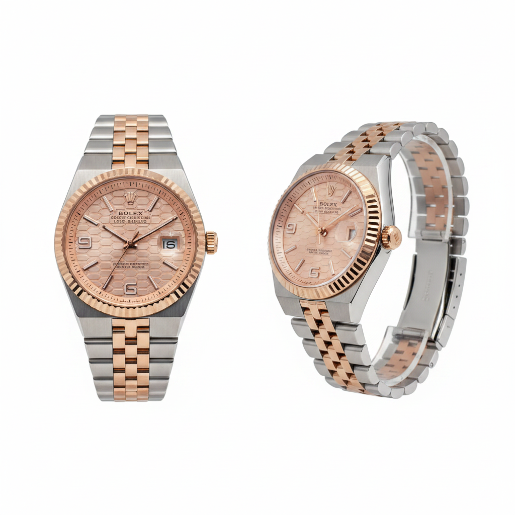 Salmon pink honeycomb dial two-tone rose gold steel couple watch — ghost mannequin front and side view