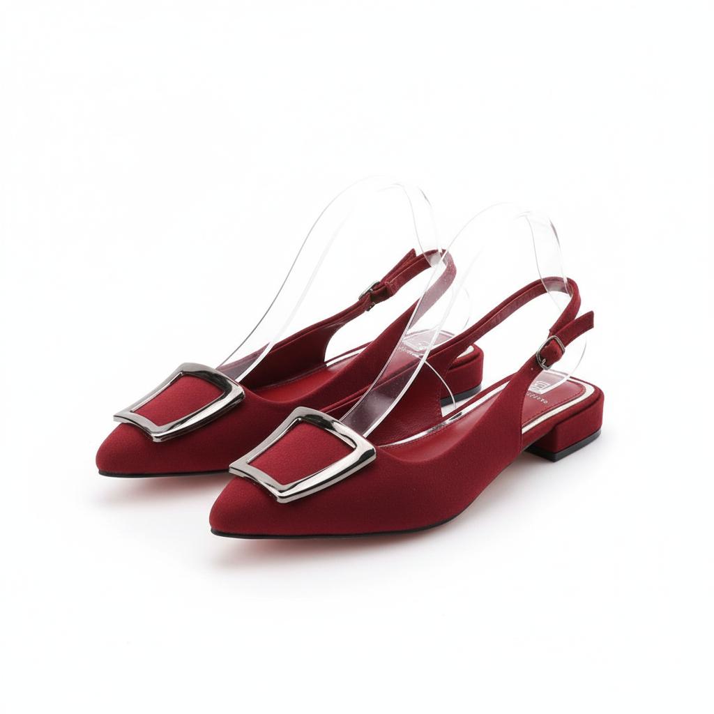Women's burgundy suede pointed-toe slingback flat with silver buckle - ghost mannequin