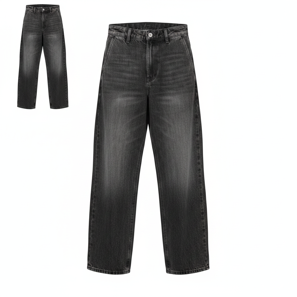 Men's dark grey washed baggy wide-leg denim jeans ghost mannequin front view