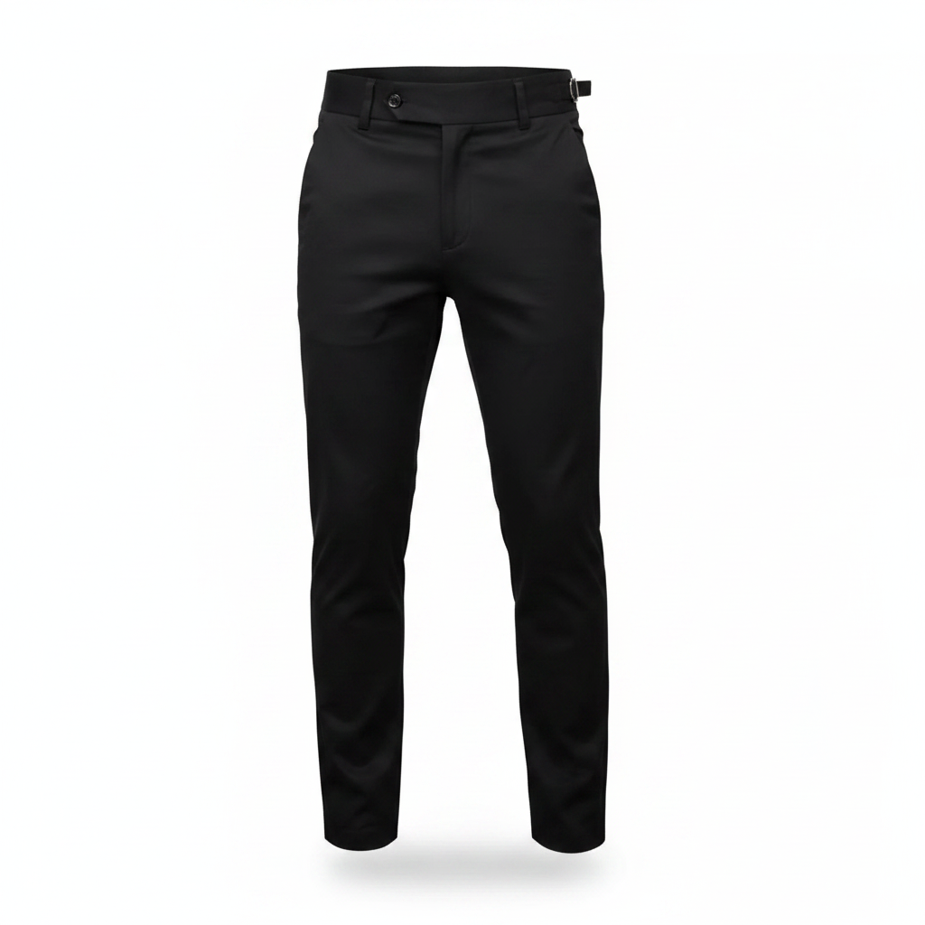 Ghost mannequin front view of black slim fit chino trousers with side buckle waist