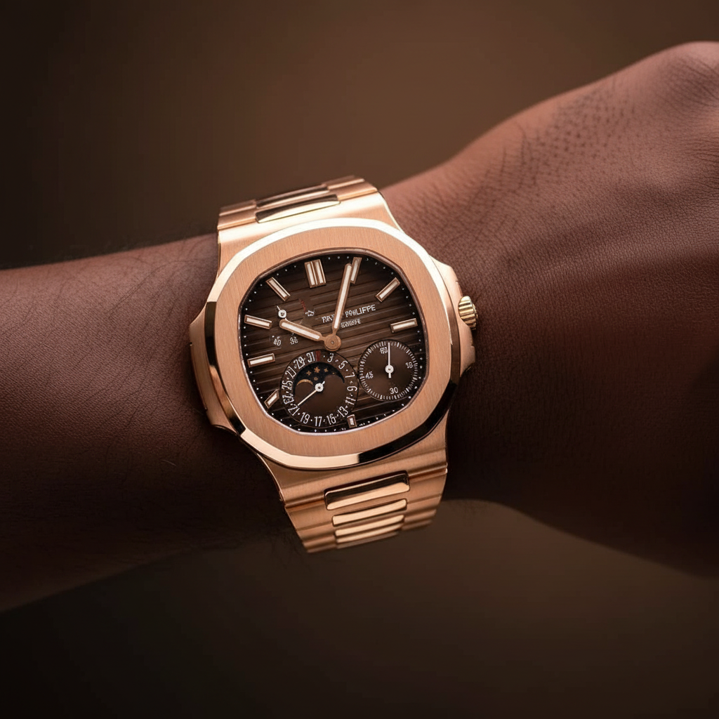 Nigerian man wearing rose gold Nautilus style watch with moon phase and brown dial, wrist close-up