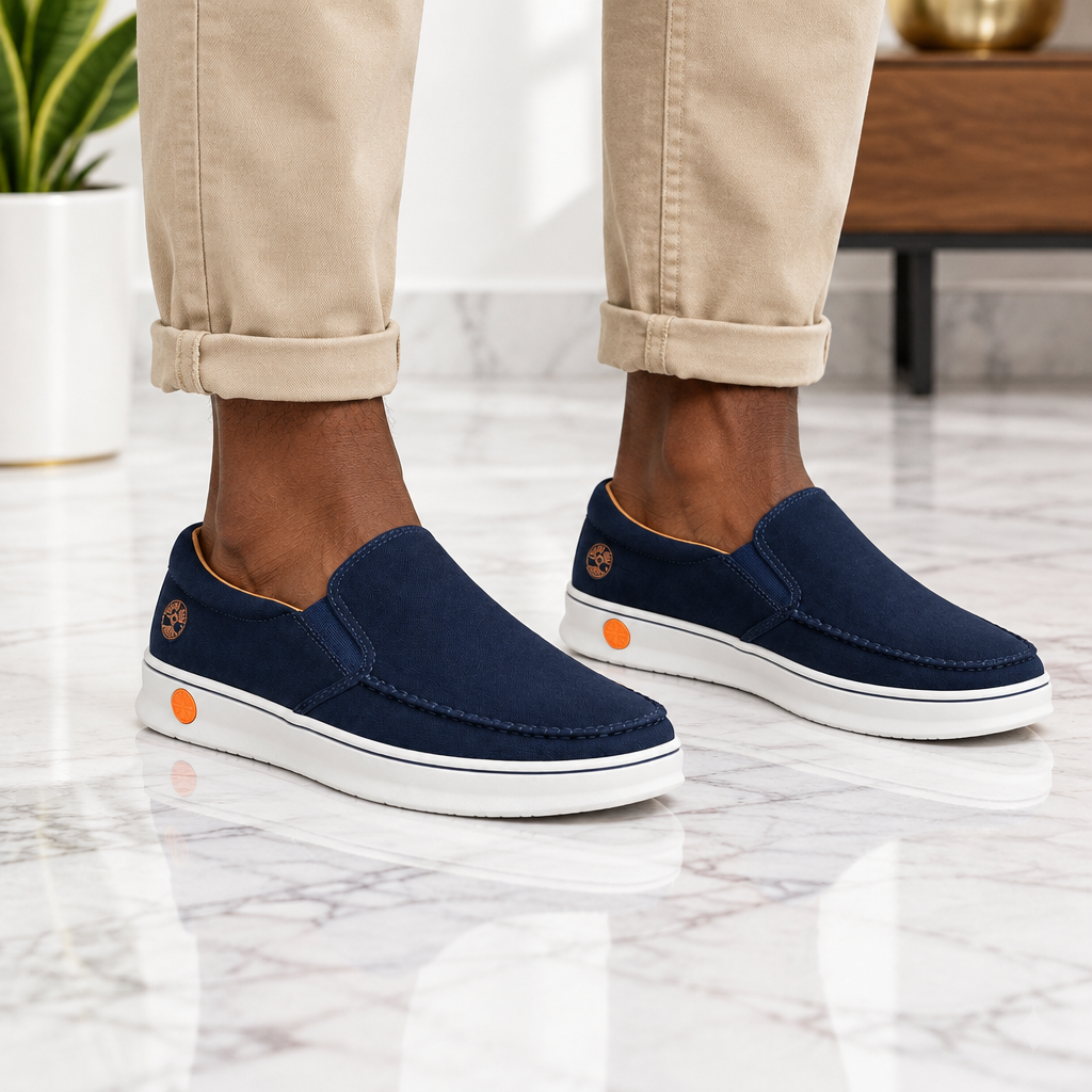 Man wearing navy slip-on sneakers with orange heel detail