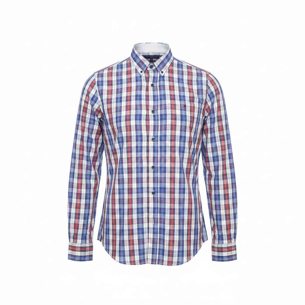 Blue Red & White Plaid Long-Sleeved Shirt - Ghost Mannequin