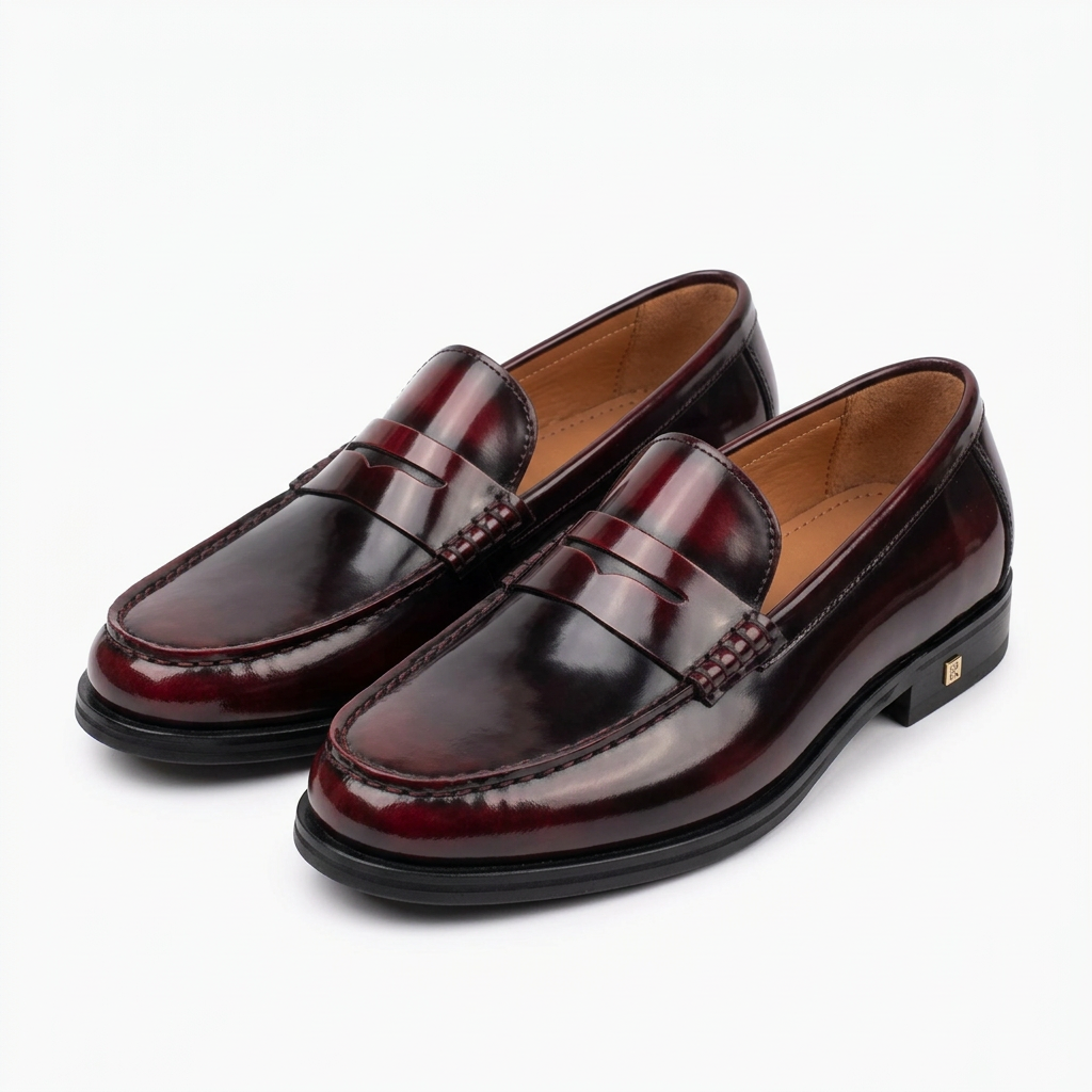 Glossy burgundy penny loafers with moc-toe stitching and low black heels