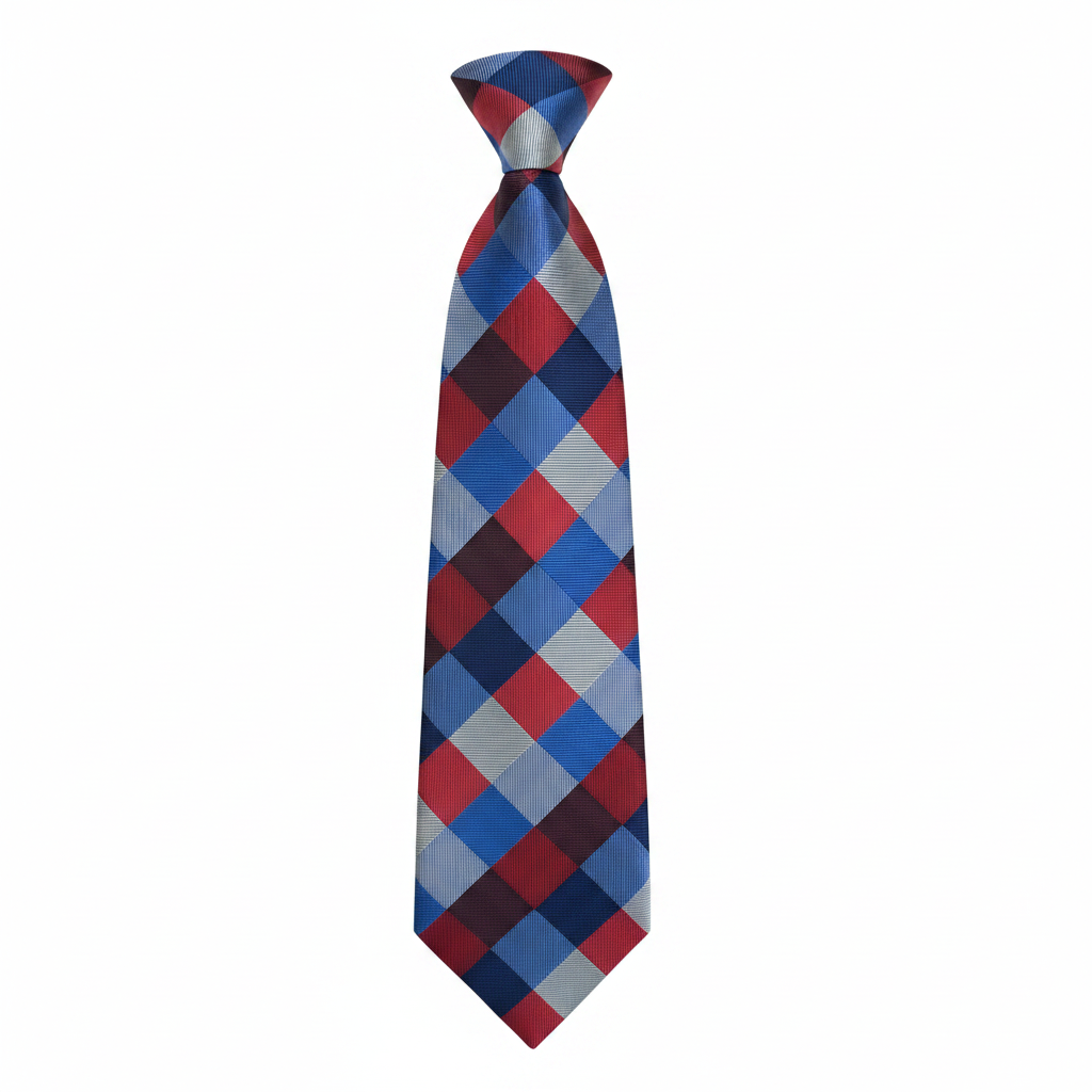 Men's red blue and navy harlequin argyle check woven necktie ghost mannequin white background