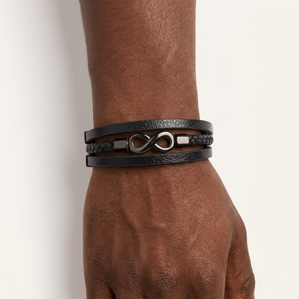 Black layered infinity bracelet worn on a male model's wrist