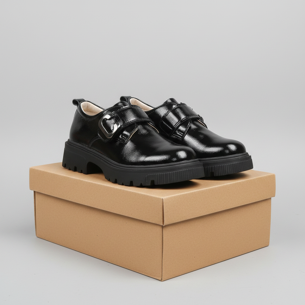 Girls' Black Patent Double Buckle Chunky Platform Loafer - Realistic Carton Box Shot