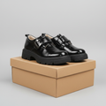 Girls' Black Patent Double Buckle Chunky Platform Loafer - Realistic Carton Box Shot