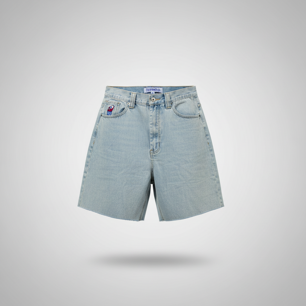 Ghost mannequin baggy light wash cut-off denim shorts