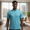 Young Nigerian male model wearing aqua blue tonal floral polo shirt