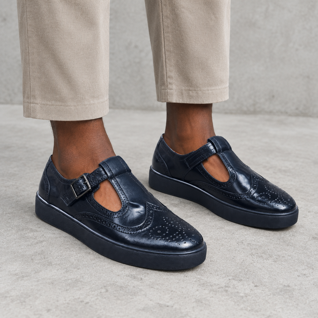 Men's black perforated T-strap shoes with buckles worn on both feet