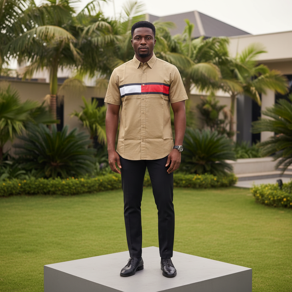 Khaki Striped Short-Sleeved Shirt - Model Front