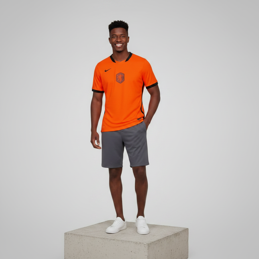 Nigerian male model wearing bright orange home football jersey on concrete plinth