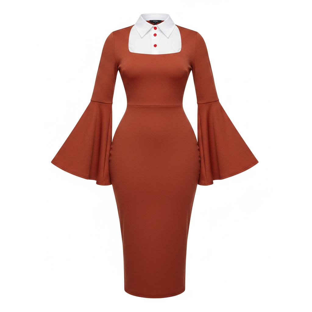 Women's rust terracotta bell sleeve white collar bodycon midi dress - ghost mannequin view
