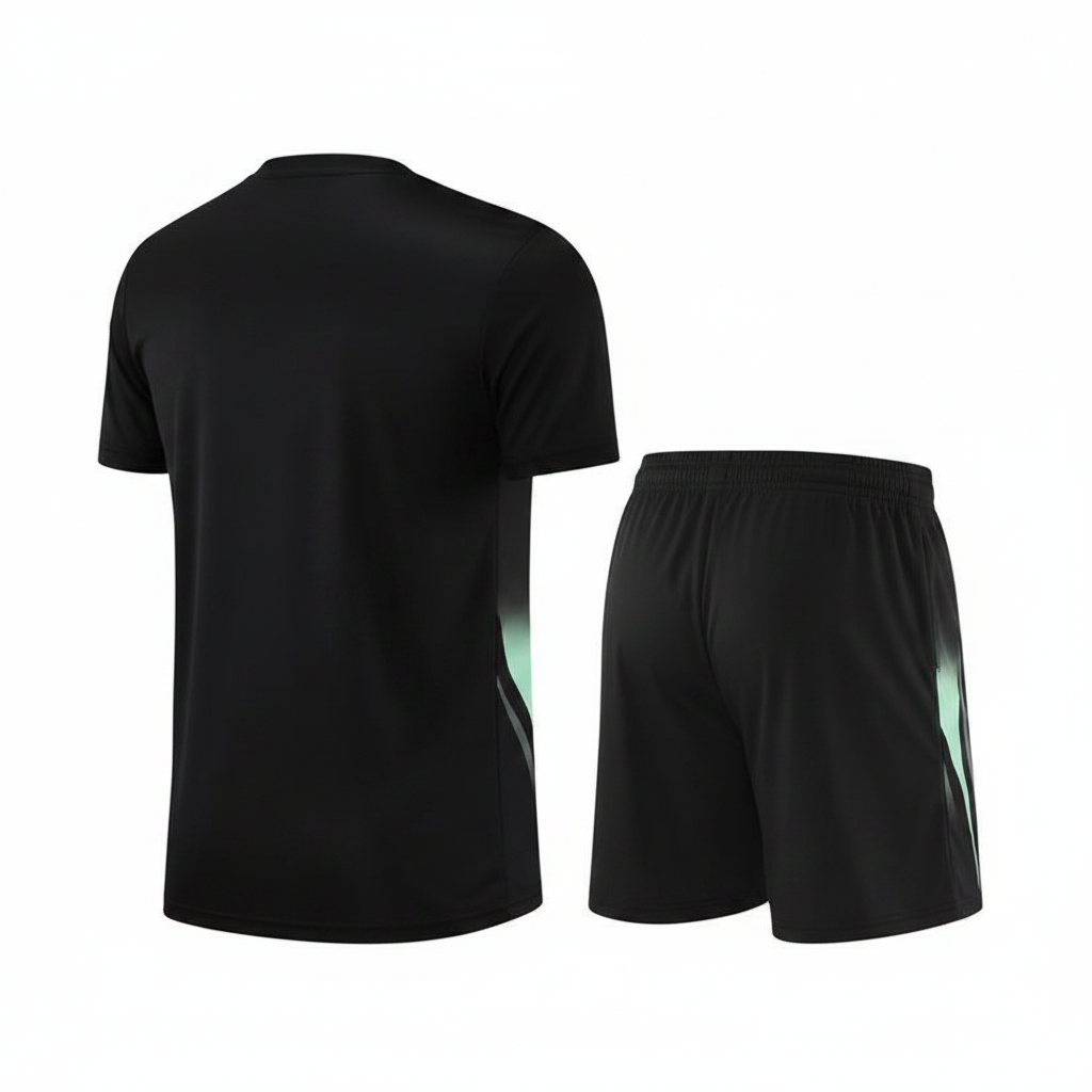 Ghost mannequin back view of black and mint green sports jersey set