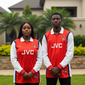 Nigerian female and male models wearing the red and white long-sleeve retro football jersey