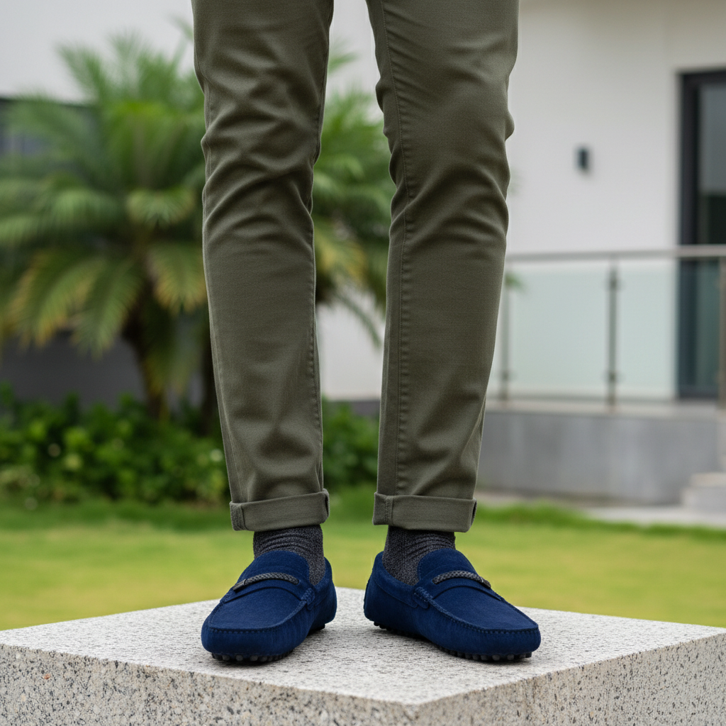 Men's navy blue suede driving loafer - Nigerian male model leg focus