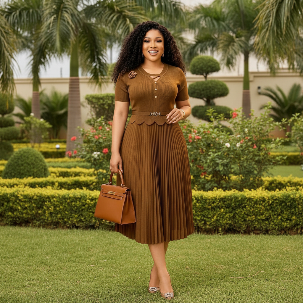 Women's Caramel Brown Pleated Midi Dress — Nigerian female model shot