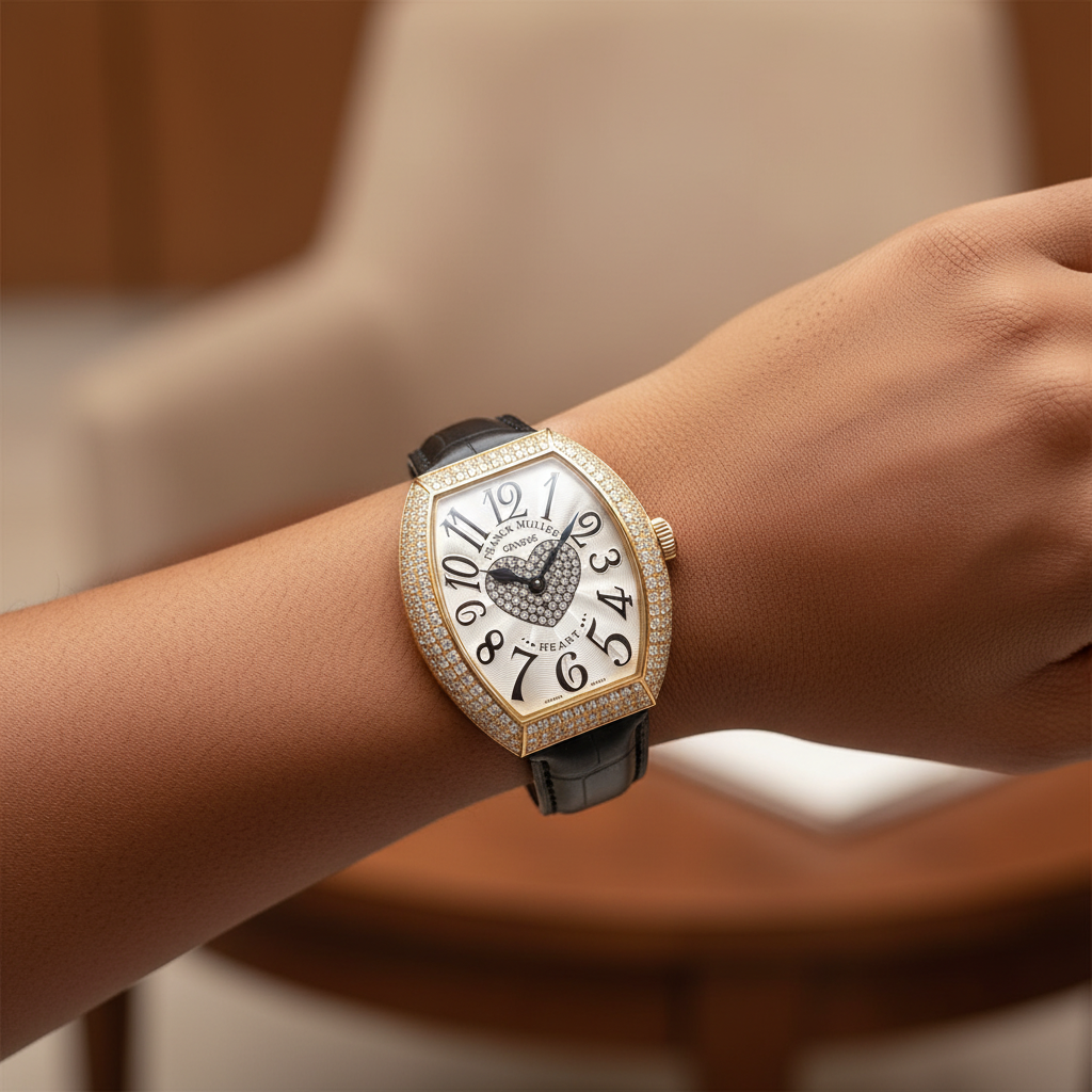 Women's gold diamond bezel crystal heart dial tonneau watch worn on Nigerian model wrist — black strap lifestyle wrist shot