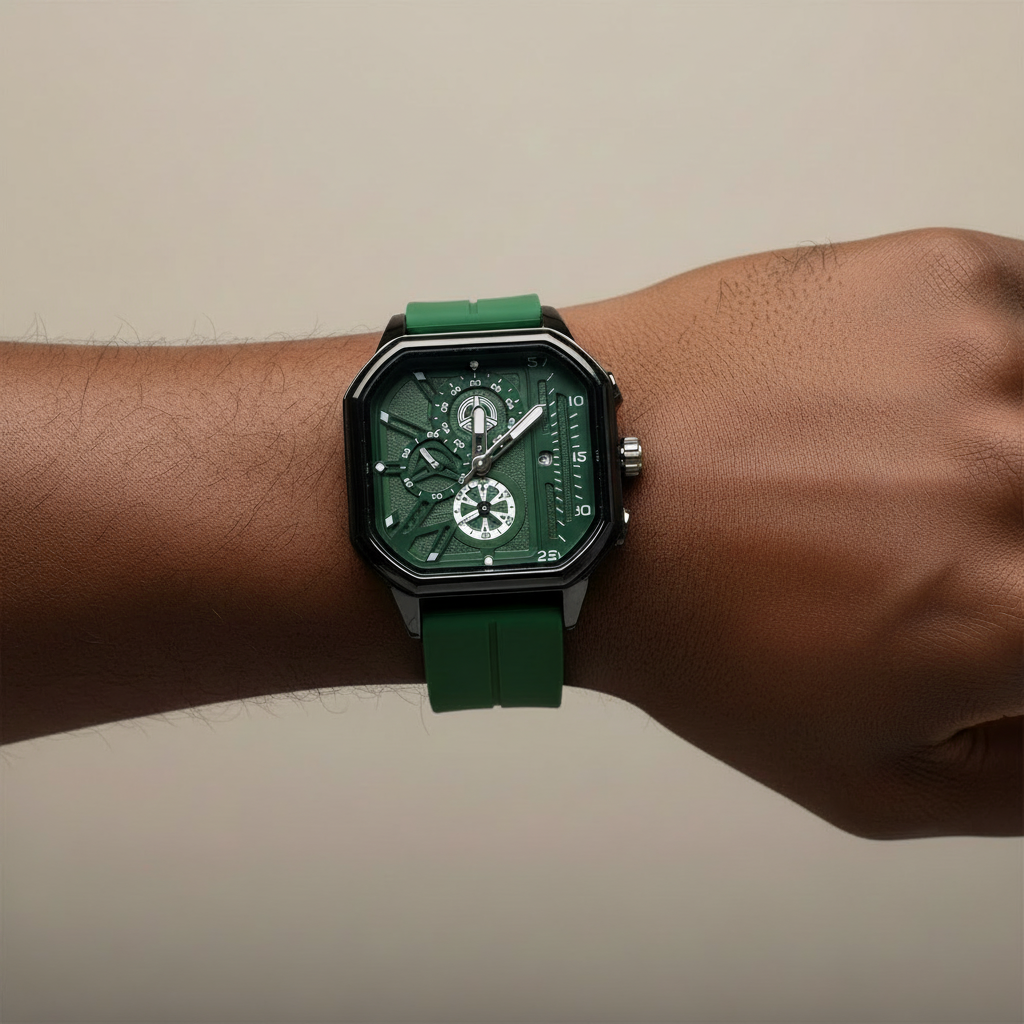 Green strap dark dial square wristwatch worn on a Black man's wrist