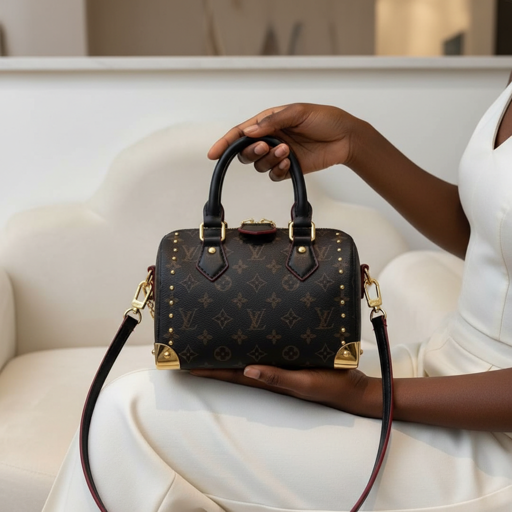 Young Nigerian woman holding dark brown monogram mini speedy bag with gold studs and burgundy trim
