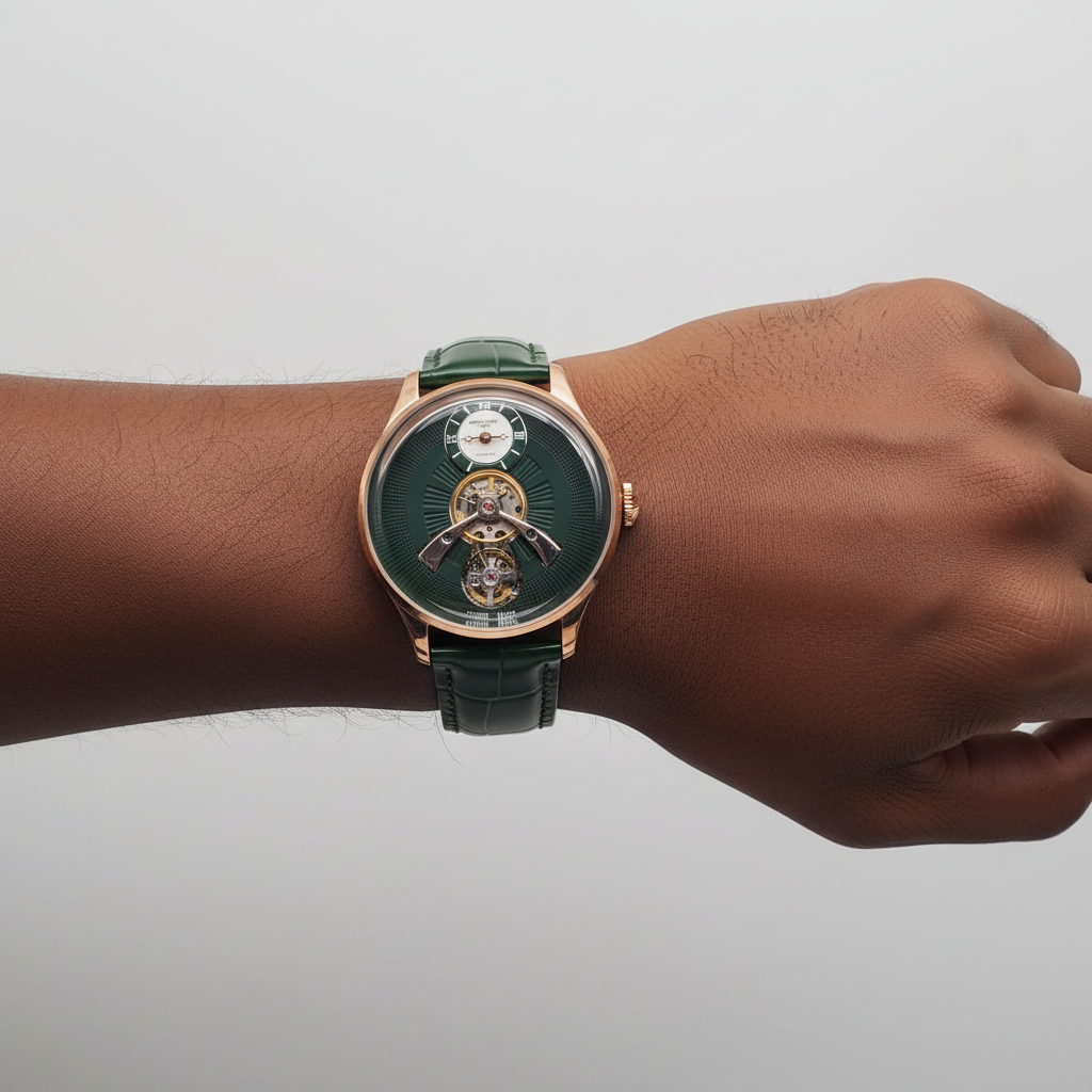 Men's Green Dial Rose Gold Tourbillon Automatic Watch – Nigerian Male Model Wrist Shot