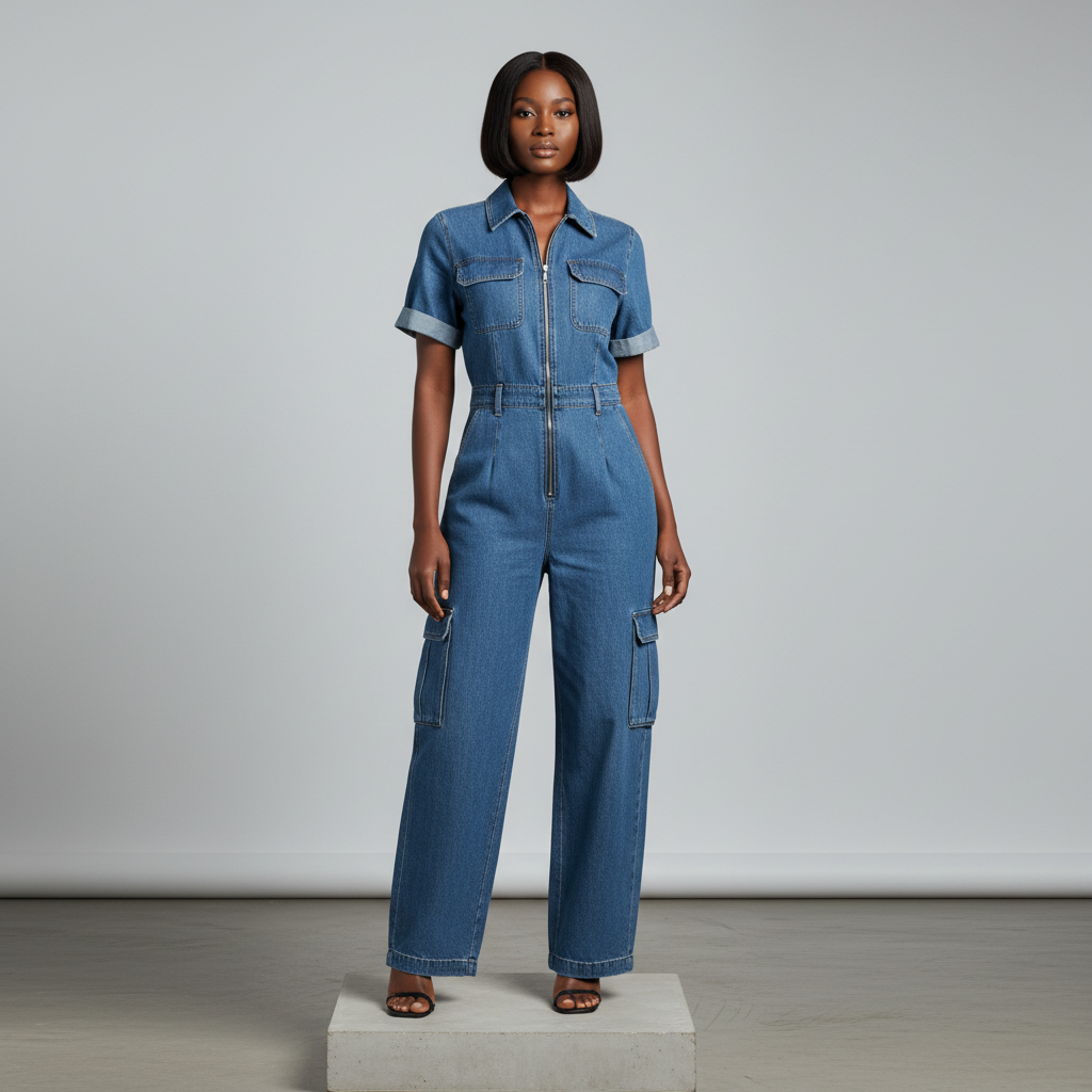 Blue Denim Cargo Jumpsuit - Model Front