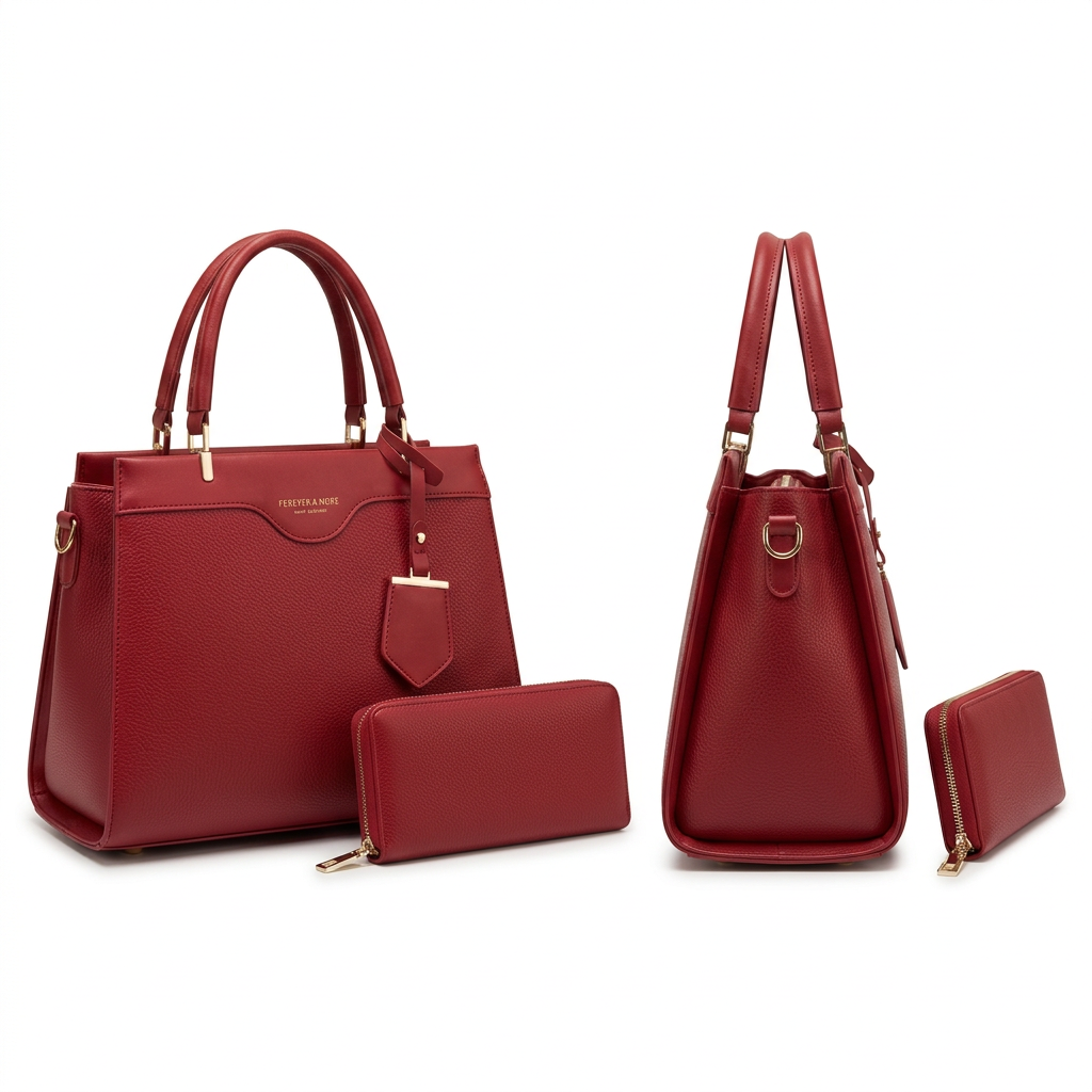 AI-generated front and side catalog views of a burgundy handbag and matching zip pouch