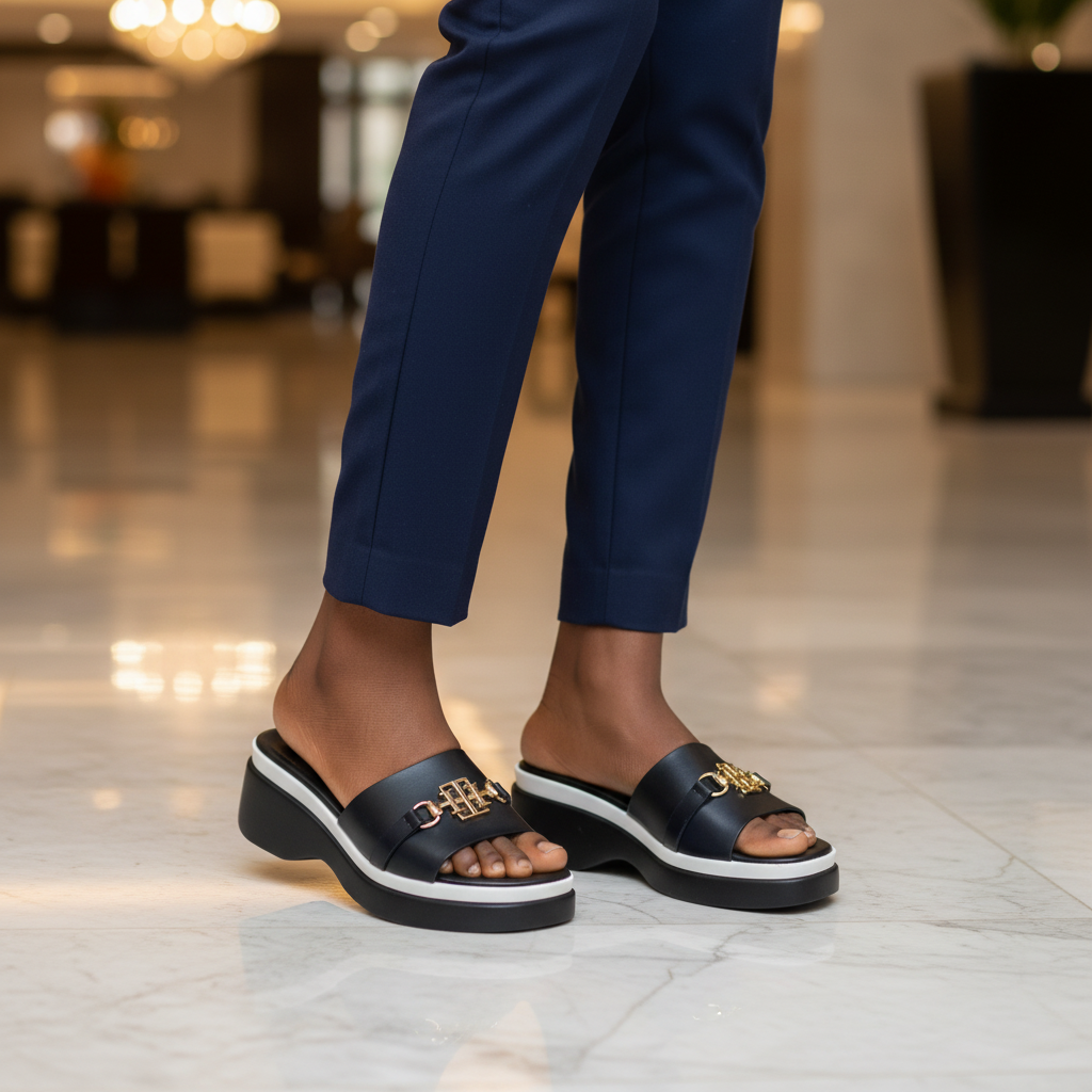 Nigerian female model wearing navy leather TH logo platform wedge slide mules, tight zoomed-in sporty-luxury leg focus lifestyle shot