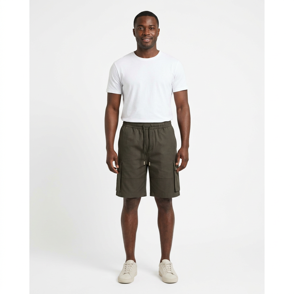 Full-body model wearing dark olive cargo shorts