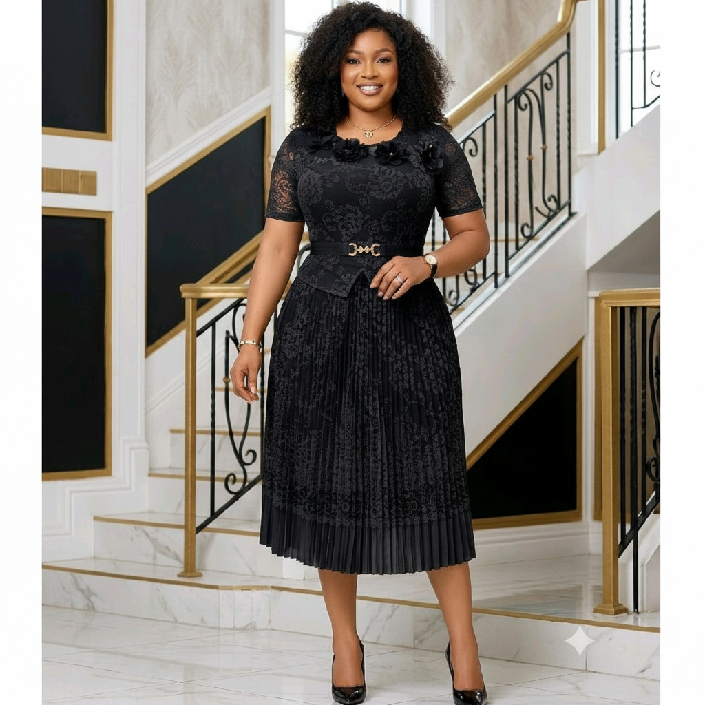 Nigerian woman wearing black lace floral peplum top and pleated midi skirt set