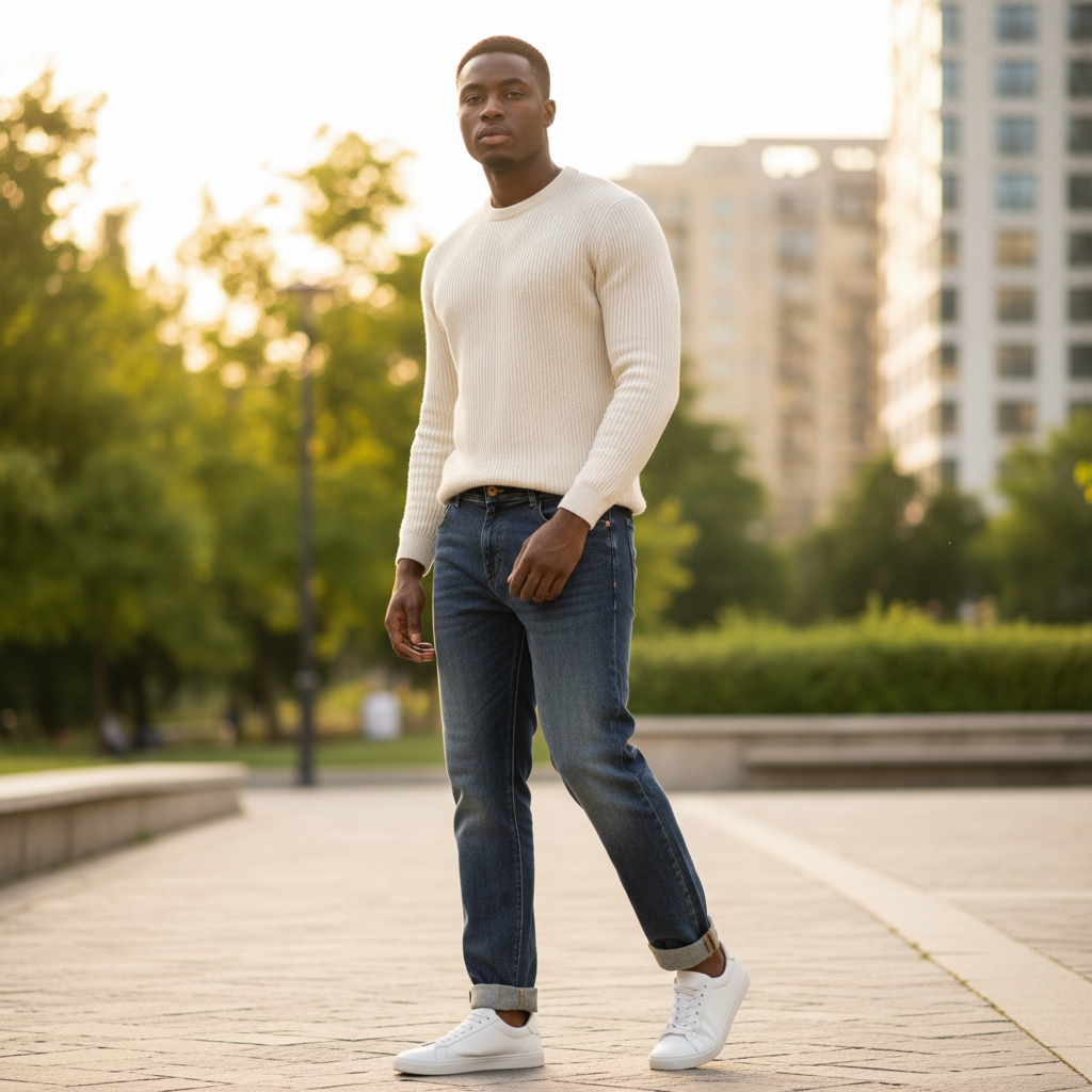 Nigerian model wearing Dark Blue Selvedge Cuff Straight Jeans