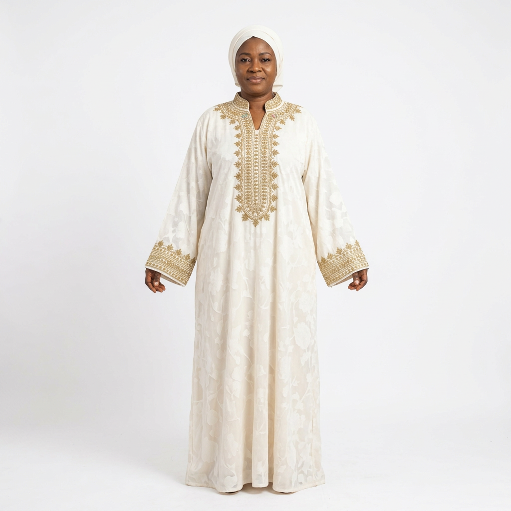 Nigerian woman wearing the ivory gold-embroidered abaya