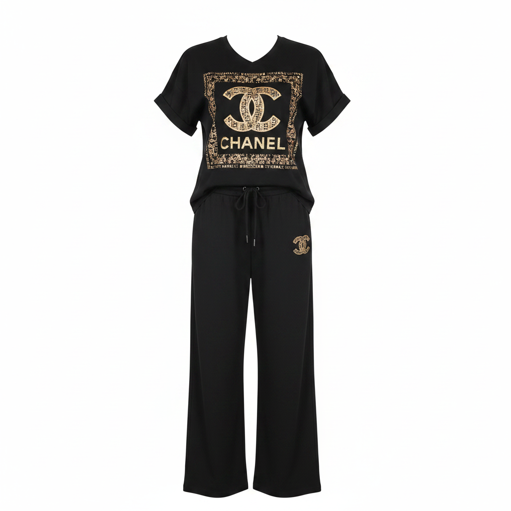 Women's black gold monogram mosaic graphic V-neck two-piece co-ord set - ghost mannequin front view