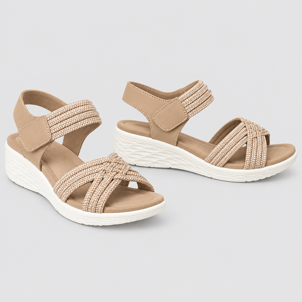 Beige cross-strap wedge sandals product-only pair