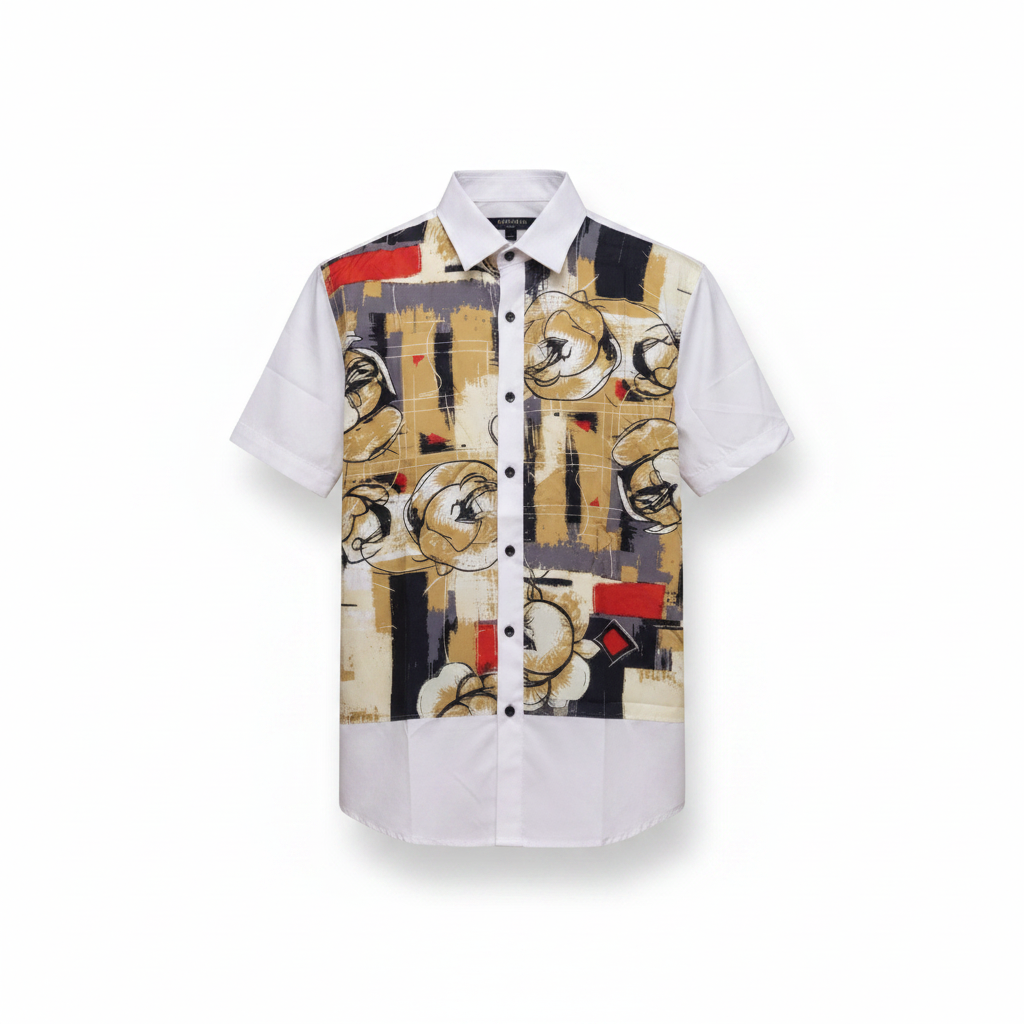 Men's white abstract floral graphic short-sleeve shirt ghost mannequin front view