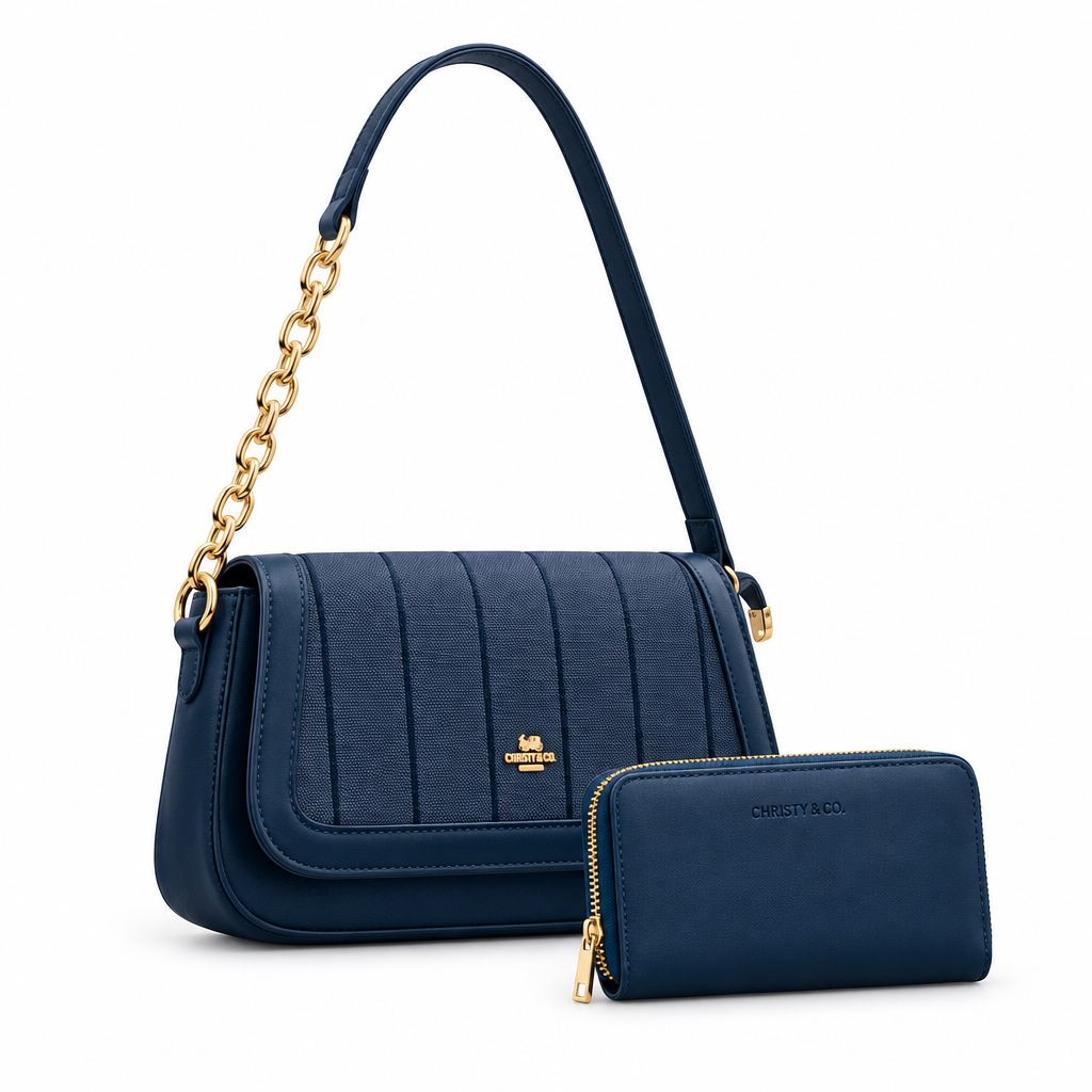 Navy panelled shoulder bag with gold-tone chain detail and matching wallet