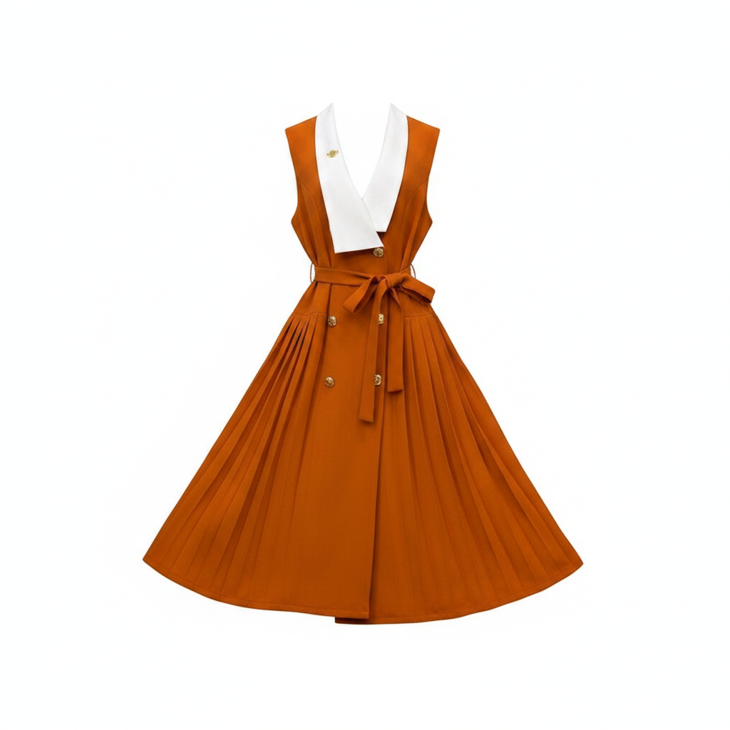 Women's sleeveless white-collar belted pleated midi dress in orange – ghost mannequin front view