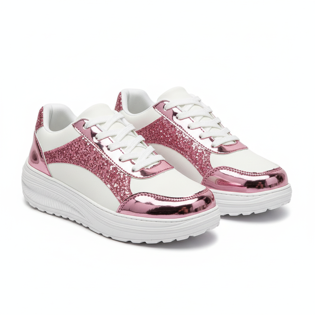 Women's pink glitter metallic platform sneakers ghost mannequin view