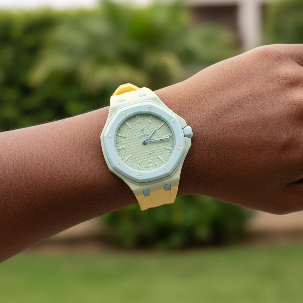 Nigerian female model wearing unisex yellow and light blue octagonal pop watch with solid sage dial on wrist