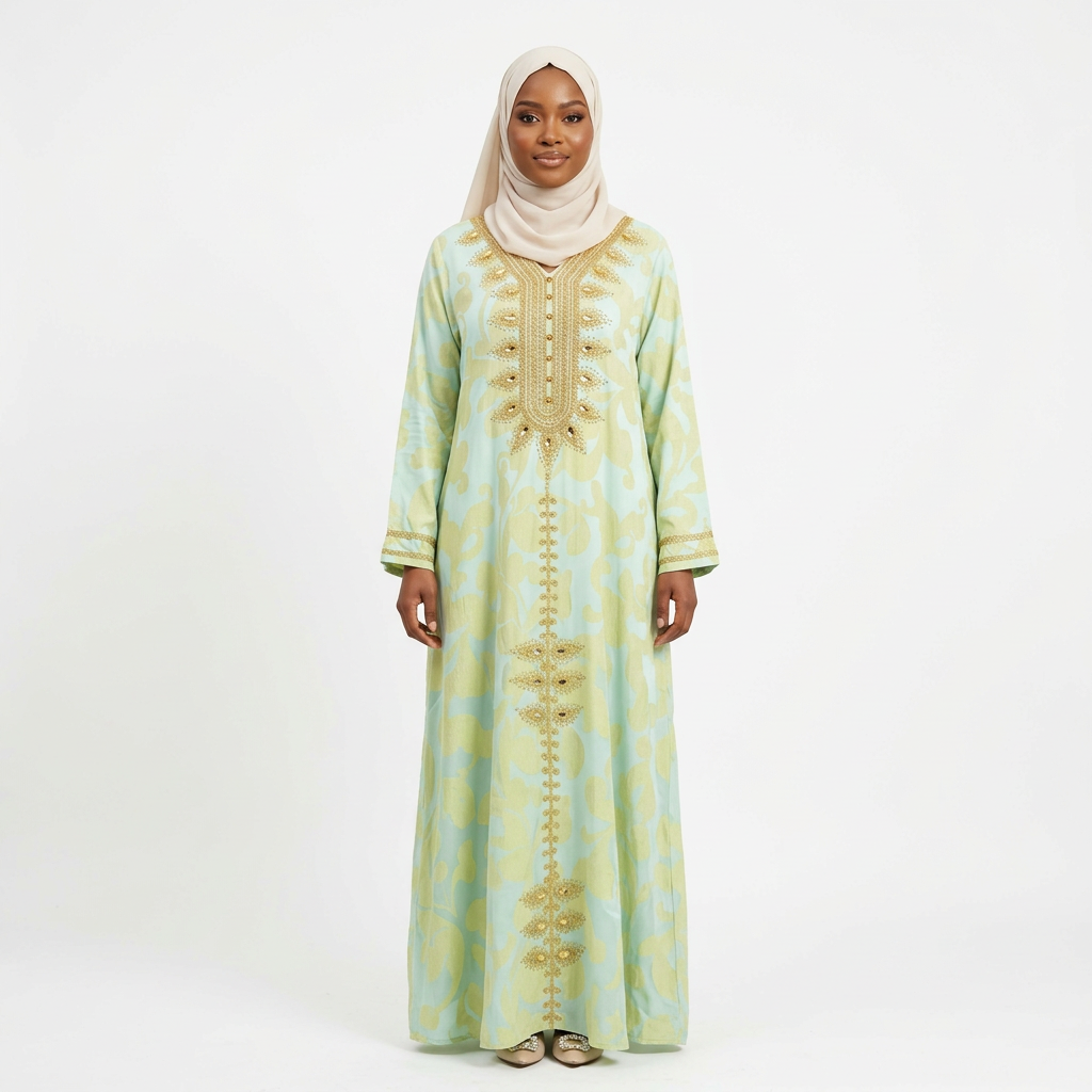 Nigerian female model wearing mint and gold printed abaya against white
