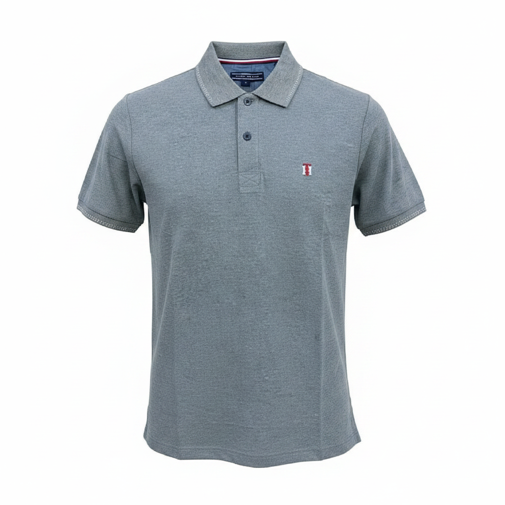 Grey marl solid short sleeve polo shirt with white dotted stitch trim — ghost mannequin front view on white background
