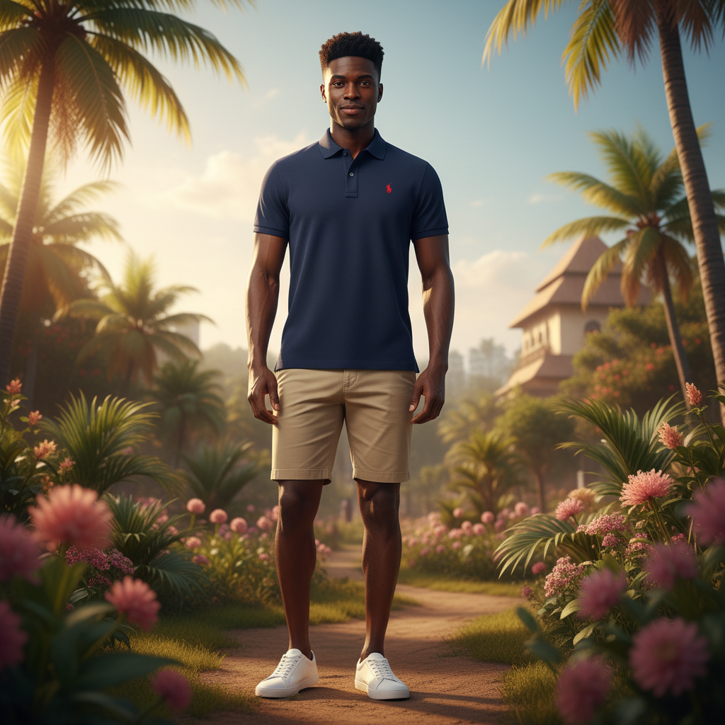Nigerian model wearing Premium Ralph Navy Pique Polo Shirt