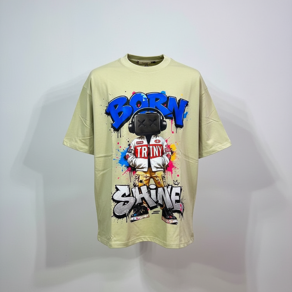 Ghost mannequin front view of the sage green graffiti character graphic tee